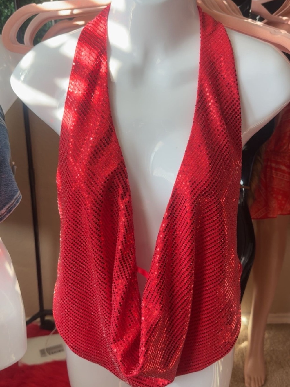 Red Sequin Halter Cowl Top